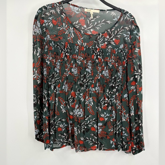 Maje Paris Green Floral Lo Fleur Crepe Georgette Top Sheer Smocked Blouse Large - Picture 3 of 15
